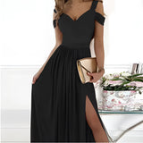 
A black off-shoulder maxi dress featuring a stylish slit, designed as a formal evening gown, shown in a Nero color and 3XL size.