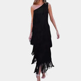Black off-shoulder evening gown with tiered fringe detailing, showcasing a luxurious design with a sheath silhouette. The dress features a fitted waist and falls elegantly to the knee, highlighting its sleeveless and one-piece construction.