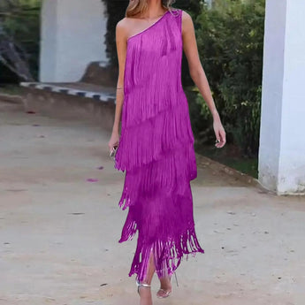 Purple off-shoulder evening gown with tiered fringe detailing, featuring a fitted waist and elegant design, suitable for formal occasions.