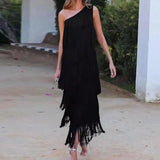 
A luxurious black off-shoulder evening gown featuring tiered fringe detailing, designed as a one-piece garment, tailored for an elegant fit in an XL size.