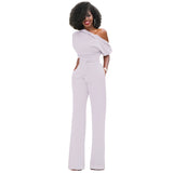 Elegant black one-shoulder belted jumpsuit suitable for formal evening wear, featuring a fitted waist and fashionable design.