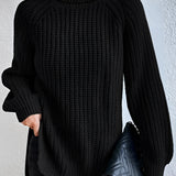 
A black oversized ribbed turtleneck sweater for women, featuring long sleeves and a cozy knit design, available in 3XL.