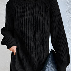 
A black oversized ribbed turtleneck sweater for women, featuring long sleeves and a cozy knit design, available in 3XL.