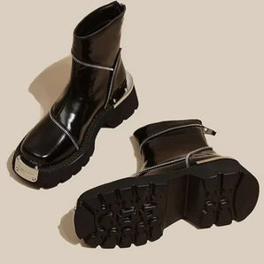 Black Patent Leather Ankle Boots - Waterproof with Chunky Sole