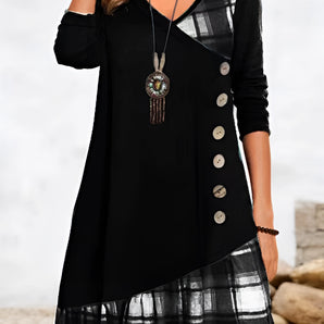 Woman wearing a black plaid hem dress with button detail, featuring long sleeves and a round neckline, suitable for fall fashion in size 3XL.