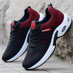 Black and red lightweight breathable mesh running shoes with cushioned orthopedic support, size 44 in red variant.