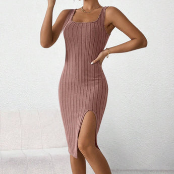 Black ribbed midi dress with a square neck, side slit, and form-fitting design, shown in rose color, size XL.