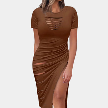 Elegant brown ruched midi dress in XL, featuring short sleeves and a sheath silhouette, perfect for versatile day-to-night wear.
