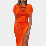 Elegant black ruched midi dress with short sleeves, featuring a fitted waist and versatile design.