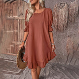 Brown ruffle dress for women, featuring short sleeves and a knee-length design, shown in size 3XL, highlighting the shoulder ruffle detailing and fitted waist.