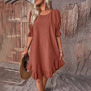 Brown ruffle dress for women, featuring short sleeves and a knee-length design, shown in size 3XL, highlighting the shoulder ruffle detailing and fitted waist.