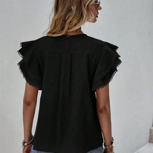 Black ruffle sleeve blouse for women, styled as a casual summer top, featuring short sleeves and a round neckline.