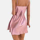 Black satin backless mini dress with adjustable straps, featuring a sleek design and elegant fit, perfect for evening wear.