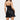 
A woman wearing a black satin mini dress with adjustable straps, A-line silhouette, and a V-neck design. The dress is elegant and complements the form, highlighting the shoulders and neckline.