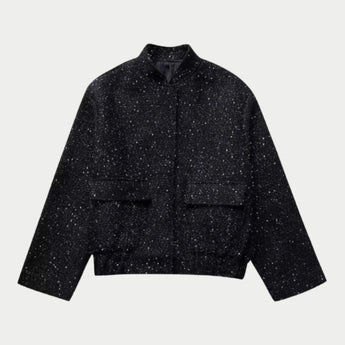 
Women's black sequin sparkle cropped jacket with long sleeves and a stylish collar, designed for party wear.