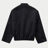 Black sequin sparkle cropped jacket for women, featuring a stylish design with long sleeves and a classic collar, perfect for party wear.