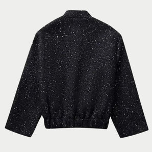 Black sequin sparkle cropped jacket for women, featuring a stylish design with long sleeves and a classic collar, perfect for party wear.