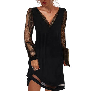 Black sequin V-neck long sleeve cocktail mini dress with a fitted sheath silhouette, showcasing elegant shoulder and arm design, perfect for evening wear.