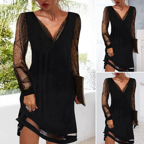 
A stylish black sequin mini dress with a V-neckline and long sleeves, designed for cocktail events.