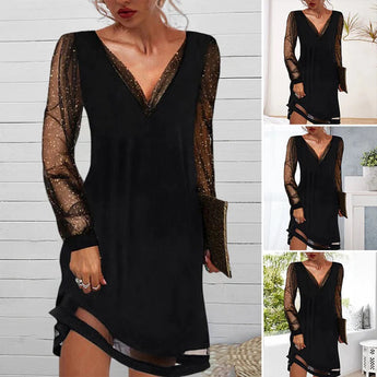 Black sequin V-neck long sleeve cocktail mini dress on a mannequin, showcasing the waistline and style with a focus on the shoulder and neck areas.