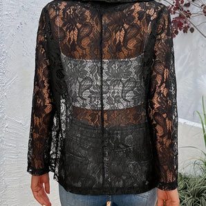 Elegant Black Sheer Floral Lace Jacket for Evening Wear - Model wearing lightweight outerwear with jeans, showcasing intricate lace details and stylish design.