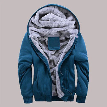 Blue Sherpa-lined men's thermal fleece winter hoodie in size 5XL with a hood, full sleeves, and a soft texture.