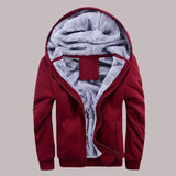 Red, black sherpa-lined men's thermal fleece winter hoodie in size 5XL, featuring long sleeves, a warm fur-lined collar, and designed for cold weather.