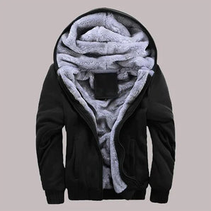 Men's black sherpa-lined thermal fleece hoodie in size 5XL, featuring a hood and long sleeves, designed for winter warmth and style.