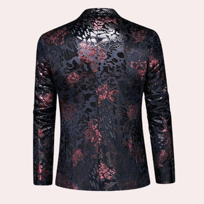 Black shiny floral brocade metallic men's evening shirt with long sleeves, featuring a magenta floral pattern and a classic collar design.