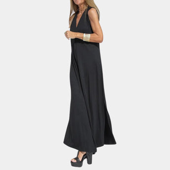 Elegant black sleeveless V-neck maxi dress in a floor-length design, featuring a fitted waist and flowing silhouette, displayed in size 3XL.