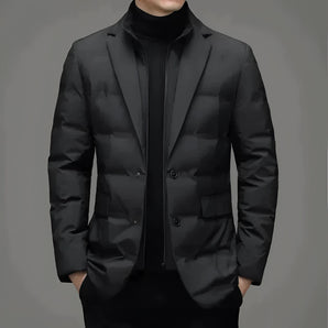 Black slim fit double-breasted blazer with a formal design, featuring a stylish collar and buttons, suitable for modern men's fashion.