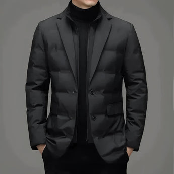 Black slim fit double-breasted blazer with a formal design, featuring a stylish collar and buttons, suitable for modern men's fashion.