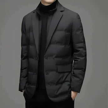 Black slim fit double-breasted blazer for men in size 4XL, featuring a formal design with a dark grey dress shirt underneath, buttoned front, notched collar, and long sleeves.