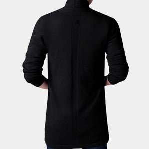 Black slim fit men's full zip lightweight sweater with a high collar, featuring long sleeves and a sleek design.