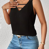 Black Strappy V-Neck Tank Top, lightweight summer blouse with thin shoulder straps and V-neckline.