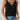 A woman wearing a Black Strappy V-Neck Tank Top in size XL, showcasing lightweight summer streetwear blouse.