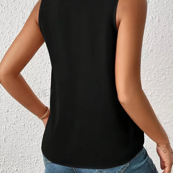 Black Strappy V-Neck Tank Top with lightweight fabric, shown on a model highlighting the shoulder and arm details.