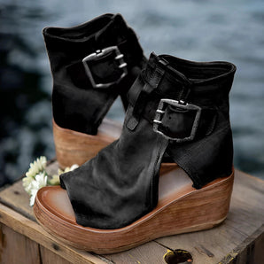 Black Suede Wedge Sandals with High Platform and Buckle Heel, Boho Chic Style, Size 46.