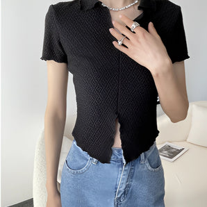 Black textured crop top with ruffled collar and front slit, trendy summer blouse in XL size.