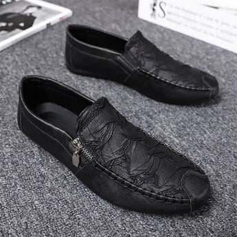 Black textured leather slip-on loafers with a zipper for men, featuring a stylish and sleek design with a smooth finish.