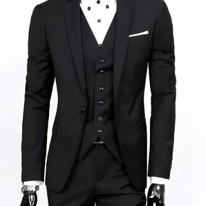 Black three-piece modern men's suit featuring a blazer, waistcoat, and trousers; suitable for formal occasions such as weddings and business events. The suit is styled with a crisp white dress shirt and has a tailored fit. Shown in Nero color and size 4XL.
