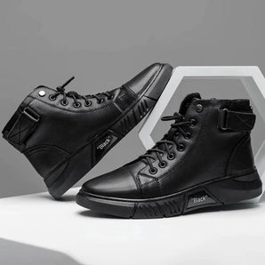 Black urban high-top sneakers designed for men, featuring a stylish and durable streetwear aesthetic, suitable for walking and outdoor activities.