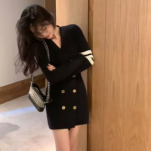 Black V-Neck Double-Breasted Mini Dress with Striped Cuffs