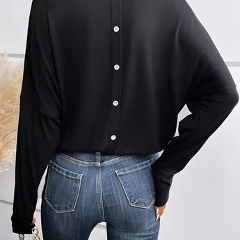 Black V-neck long sleeve blouse with a casual lightweight design for women, suitable for pairing with jeans or other casual wear.