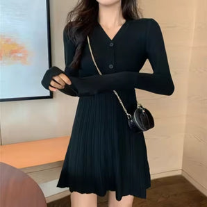 Black V-Neck Pleated Sweater Mini Dress - Chic Winter Party Dress