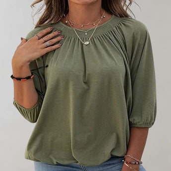 Dark green velvet blouse featuring a gathered neckline, loose casual fit, and long sleeves, suitable for plus size, shown on a mannequin.