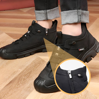 Black waterproof hiking sneakers shown in close-up on a person's feet, highlighting the durable and non-slip sole. The sneakers are designed for hiking, featuring a breathable material. The image emphasizes the black color of the sneakers against a neutral background, with the lower part of the person's leg visible, clad in sportswear.
