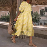 Black & white gingham midi dress with puff sleeves, featuring a classic checkered pattern, shown in a yellow color variant, size 5XL.