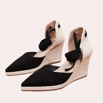 Black and white lace-up open toe espadrilles for women, featuring a stylish design with a mix of colors including black, brown, and beige. The sandals have a fashionable lace-up detail and an open-toe design, ideal for summer wear.