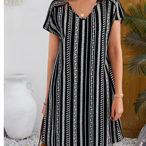 Black and white women's striped V-neck summer dress in a casual loose fit, shown in size 3XL, with a focus on the one-piece garment's elegant striped pattern.